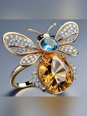 Gold Coated Sterling Silver Bee Cocktail Ring with Blue and Amber Gemstones